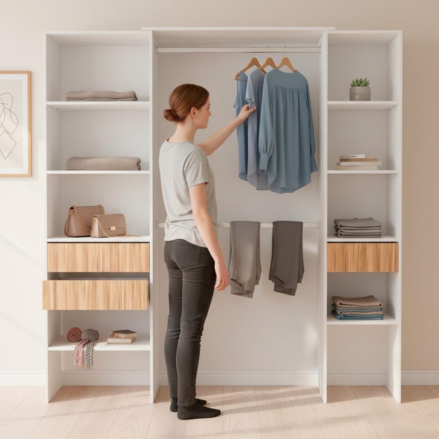 Armadio Guardaroba Aperto Con Ripiani Regolabili 3 Cassetti Doppio Appendiabiti In Alluminio Mobile Armadietto Multiuso Senza Ante Camera Da Letto Cameretta 190 x 187 x 40 Cm Bianco E Rovere Listato