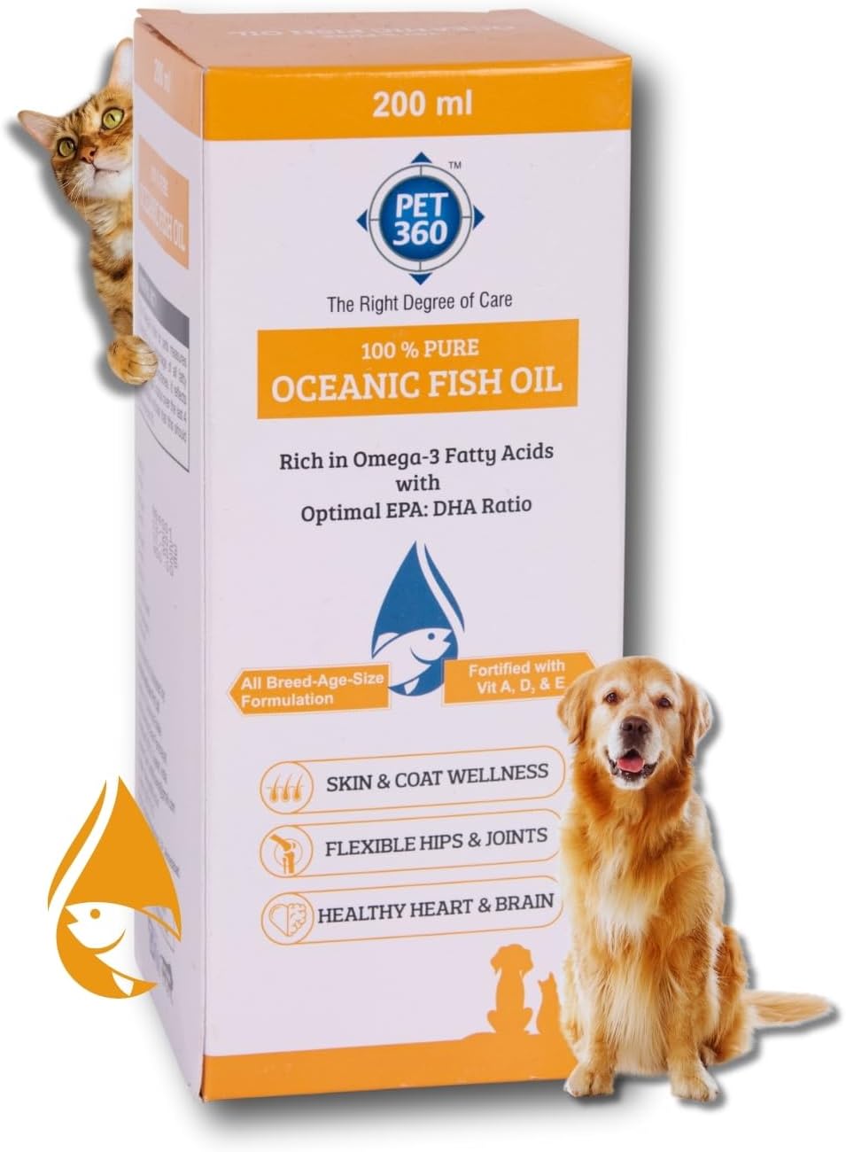 PET360 Oceanic Sardine Fish Oil for Dogs & Cats | Promotes Heart, Brain, Liver & Kidney Health | Reduced Hairfall, Shiny Coat | Omega 3, 6 & Vit. A, D, E| Nutritional Supplement for All Breeds- 200 ml