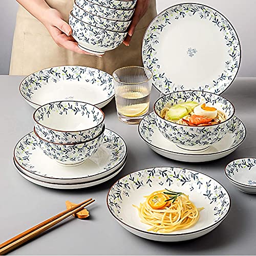 Noaled Ceramic 30 Pieces Of Household Ceramic Dinnerware Set Elegant Blue Plant Flowers Plates And Bowls Sets, Dinner Plate Sets With Brown Hand-Painted Strokes Ceramic Dinner Plates #TOP7