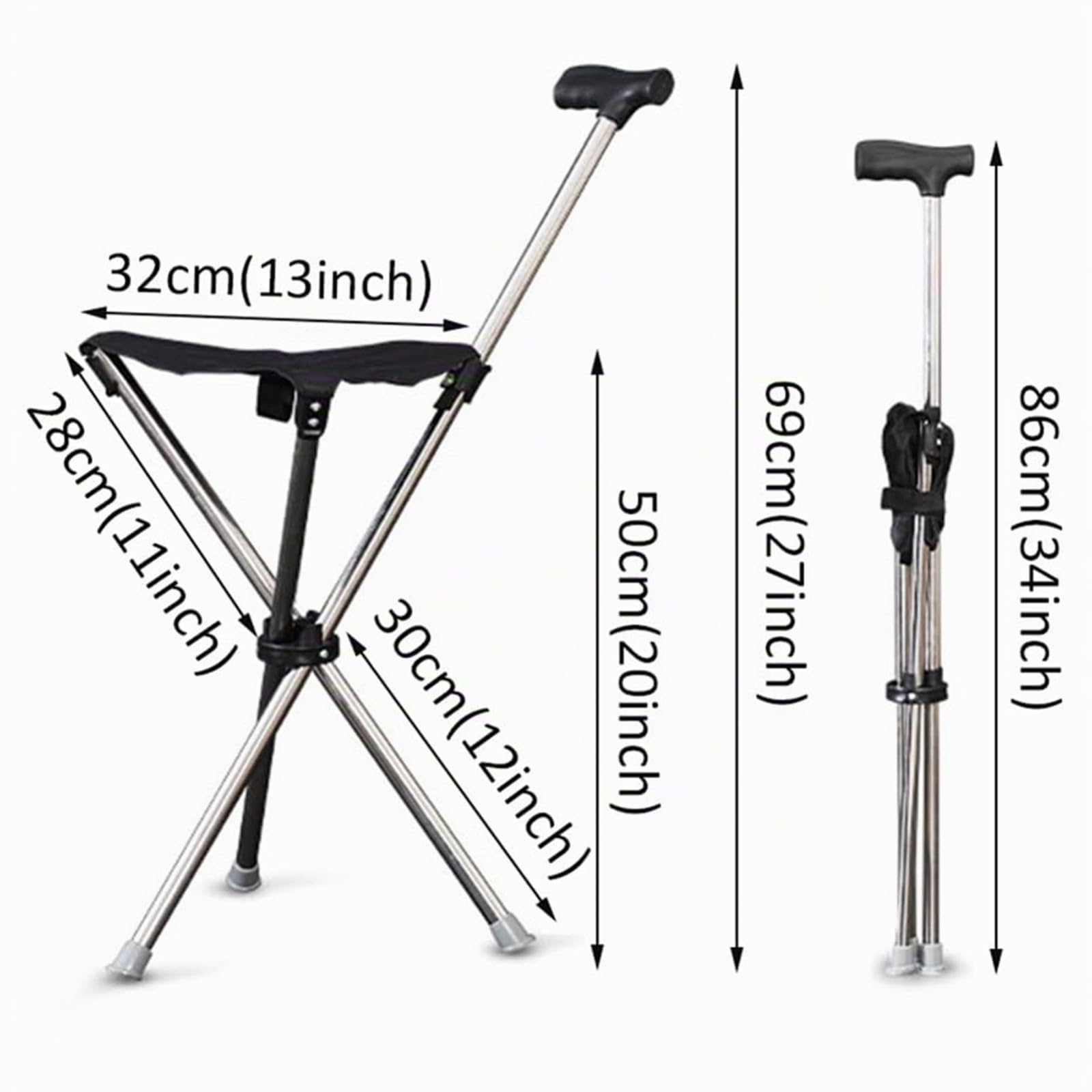 Bastone da passeggio con sedile pieghevole, leggero 150 kg, per anziani, adatto ai viaggi, bastone da passeggio e sgabello 2 in 1, altezza regolabile e design antiscivolo