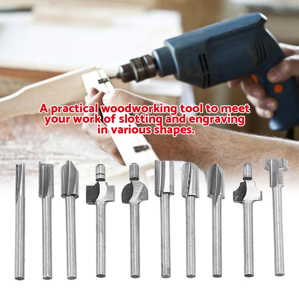 XHTLLO 10pcs High Speed Steel Milling Cutter Router Bits Set, 1/8in Shank, Silverworking Tool for Tblademing Slotting Engraving