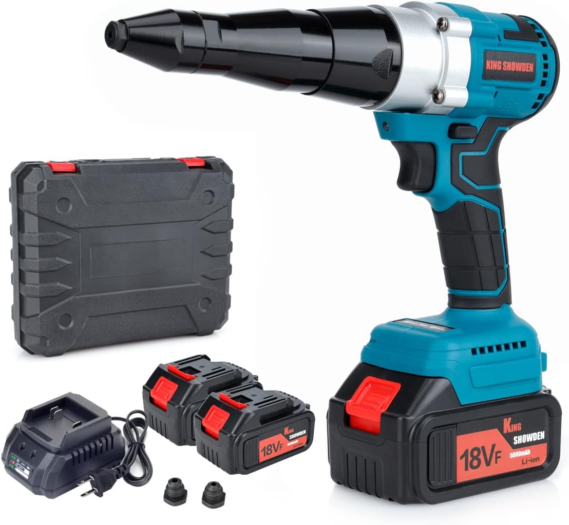 Cordless Rivet Gun, Portable 18V Lithium-ion Electric Automatic Brushless Blind Riveter Tool Kit for 1/8", 5/32", 3/16" Rivets with 2 Pack 5.0Ah Battery