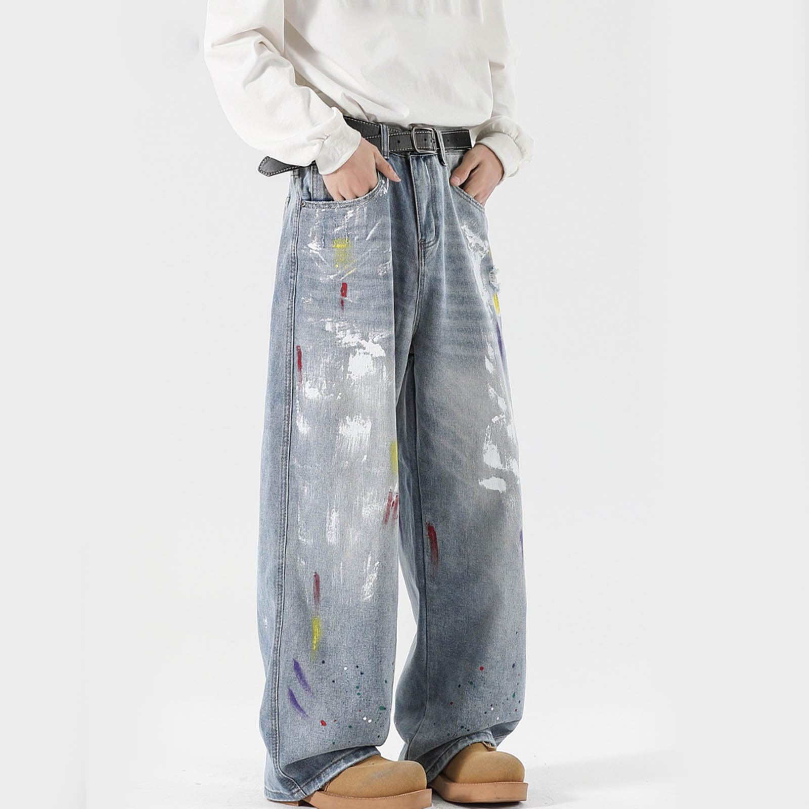Generico Pantaloni Baggy Uomo Jeans Elefante Loose Zampa Larghi Moto Jins Slim Flare Invernali Fit Cargo Y2K Salopette Bootcut Balloon