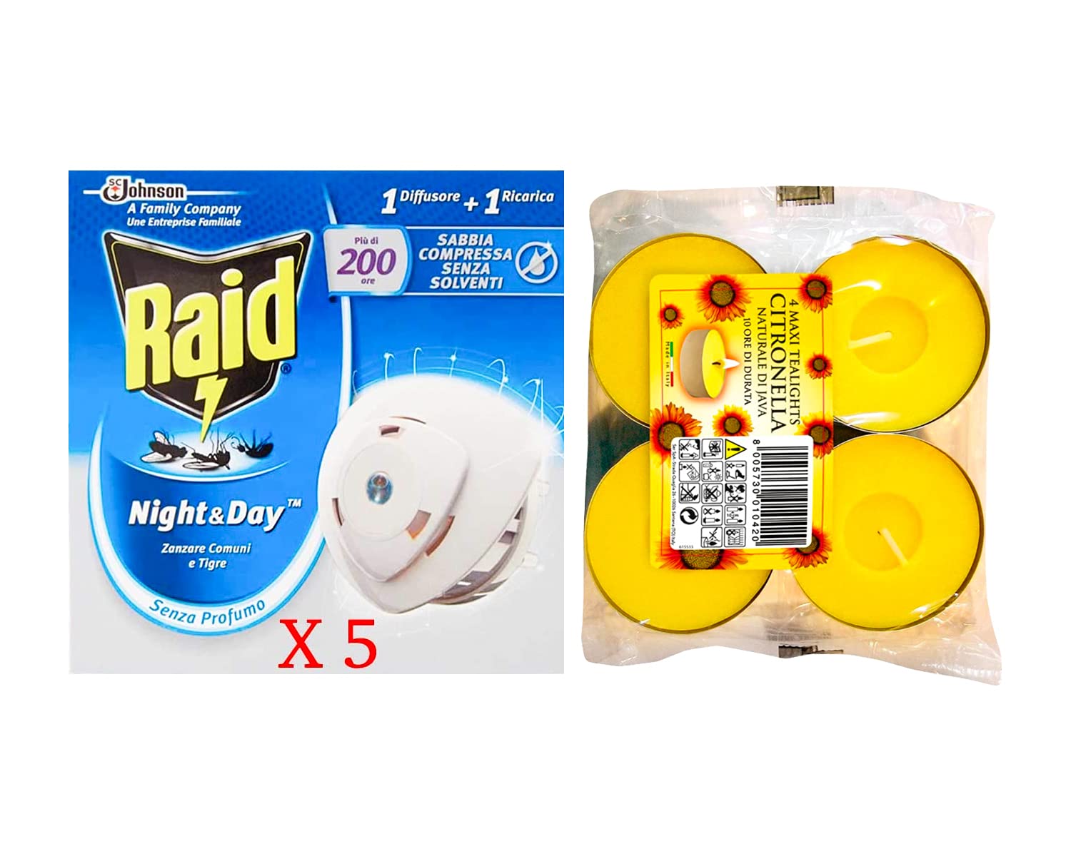 Raid Night & Day 5 confezioni diffusore con ricarica + 4 candele alla citronella