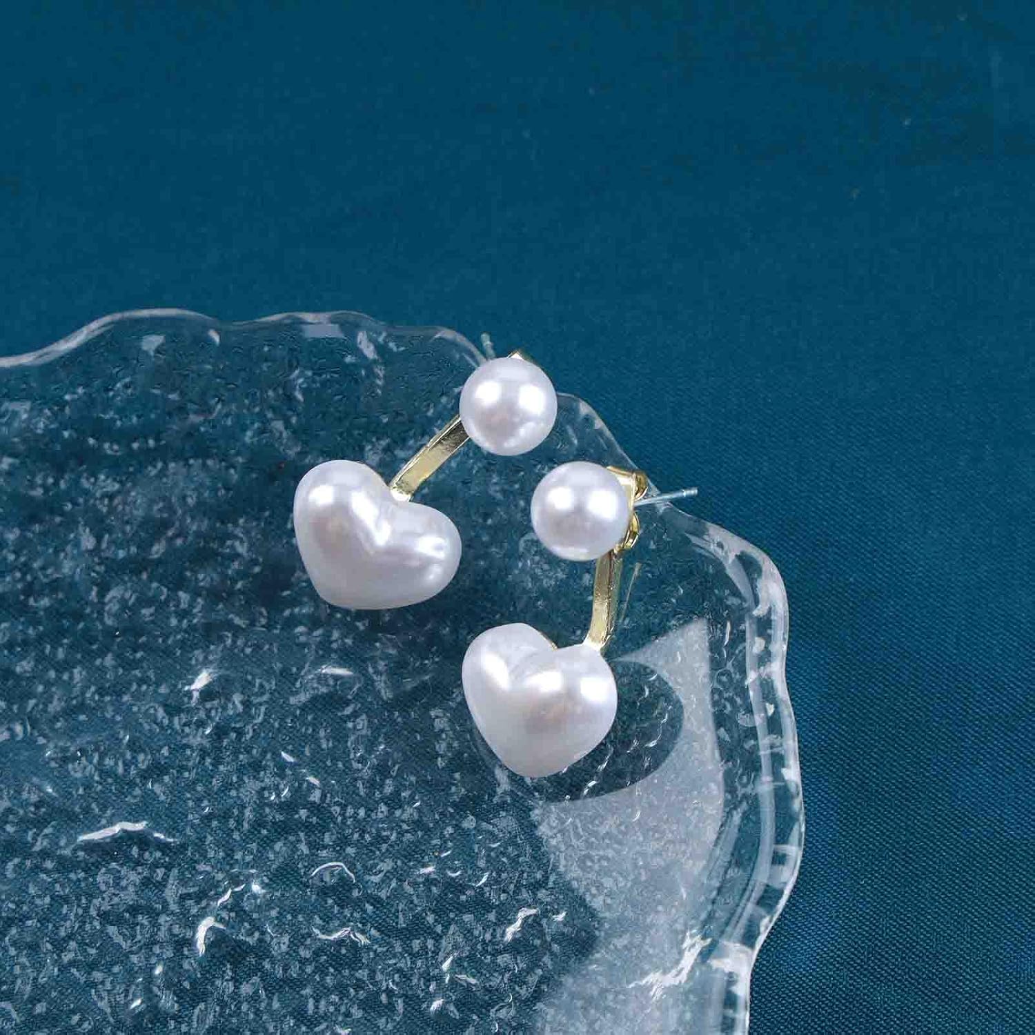 Bohemian Pearl Ear Jackets Earrings Pearl Heart Studs Earrings Vintage Heart Drop Earrings Two Ways Front Back Earrings Jewelry for Women - Image 5