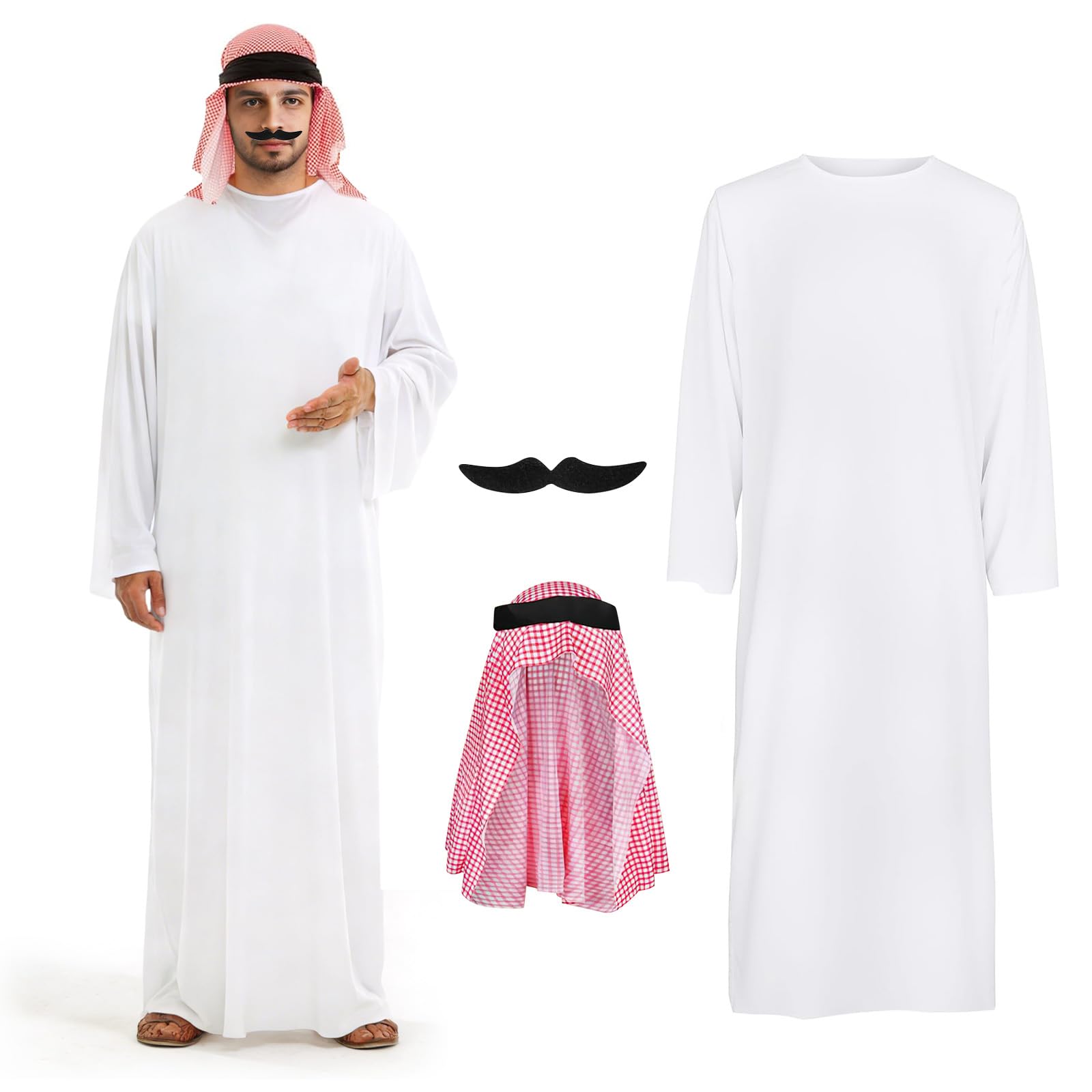 Disfraz de Jeque de Aladin para Hombre con Pañuelo y Barba, Ropa árabe para Hombre, Casa de Dinero, Túnica Blanca, para Navidad, Halloween, Pascua, Fiesta, Cosplay