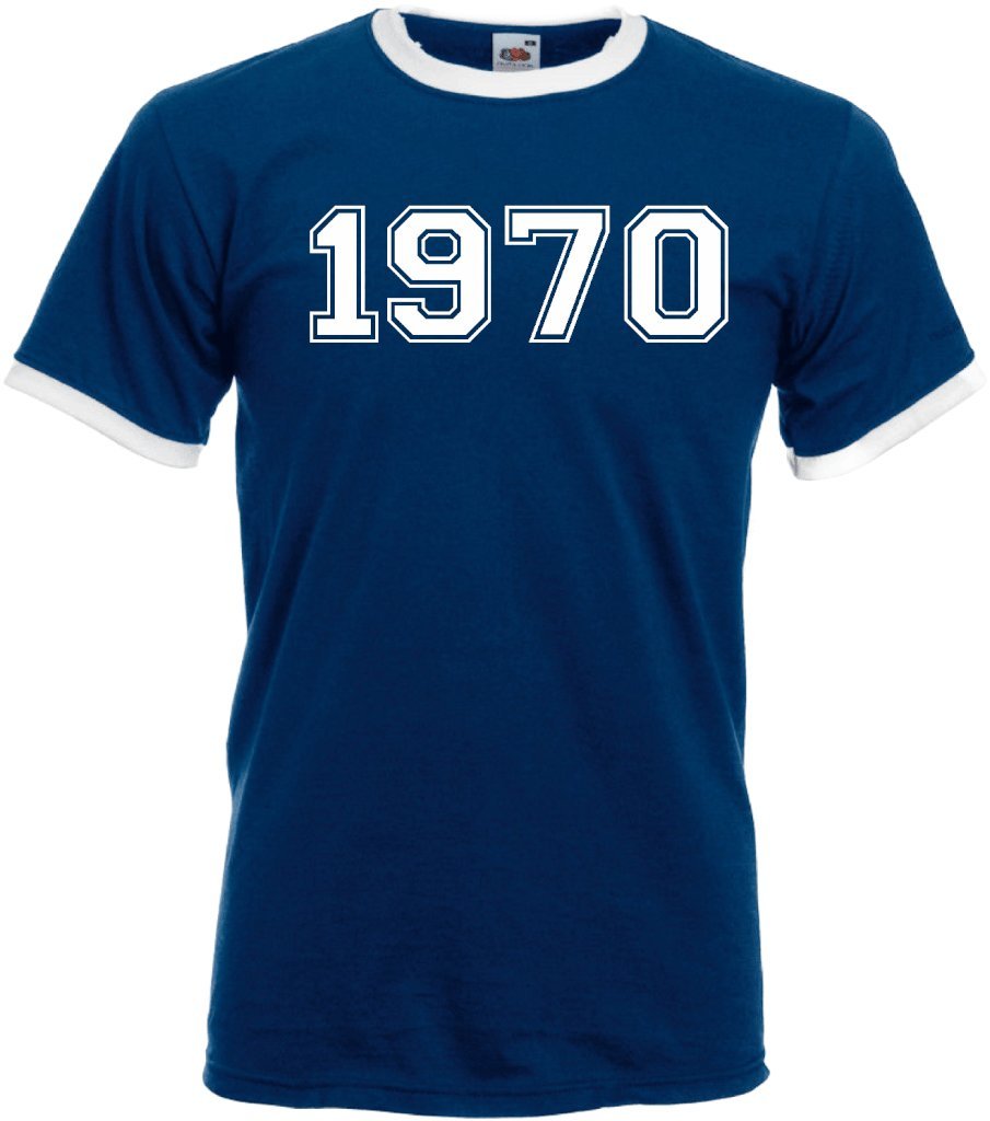 Dcg Printwear Men's Navy Blue & White Ringer Varsity 1970 College Unisex Ringer T-Shirt Birthday Gift Present Funny Novelty Top