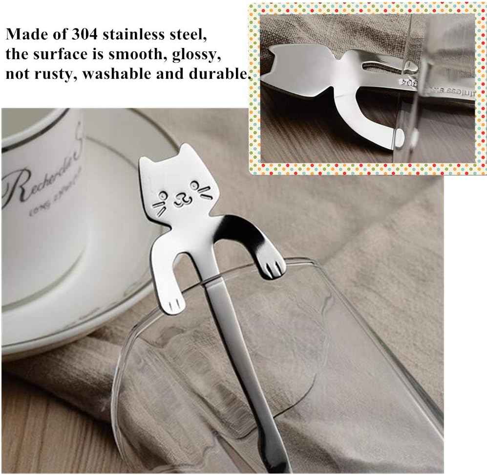 4pcs Dessert Spoons Set Cat Design Teaspoons Small Cute Stainless Steel Espresso Coffee Spoons for Tea Sugar Cake Ice Cream Tableware by RuiChy