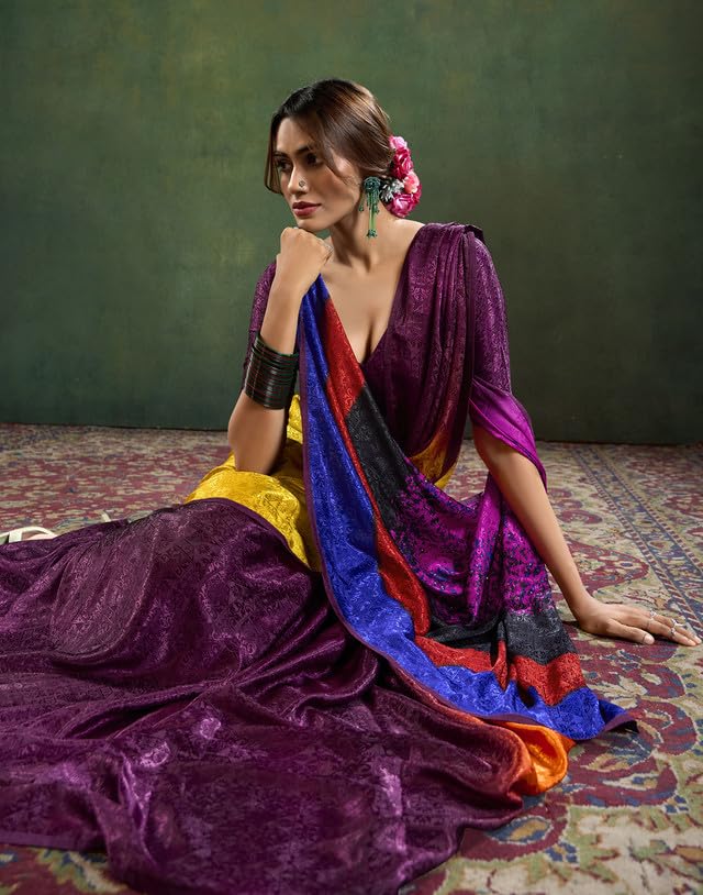 Image of SIRIL Women's Silk Crepe Stone Work Weaving Saree With Unstitched Blouse Piece
