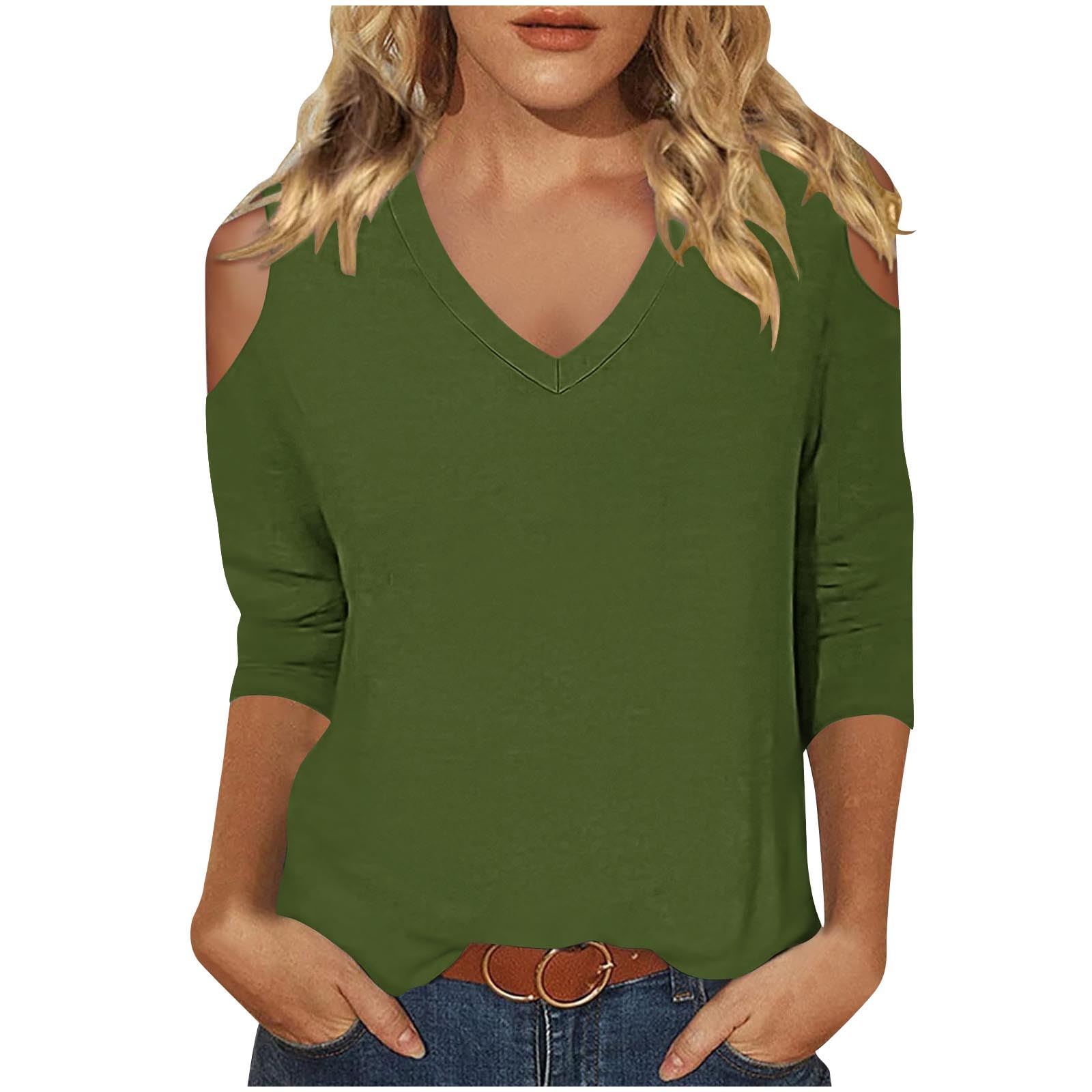 Womens V Neck Cold Shoulder 3/4 Sleeve Tops Casual Shirt Dressy Blouse Trendy Tshirts Gifts for Her Fashion Cothes Tee
