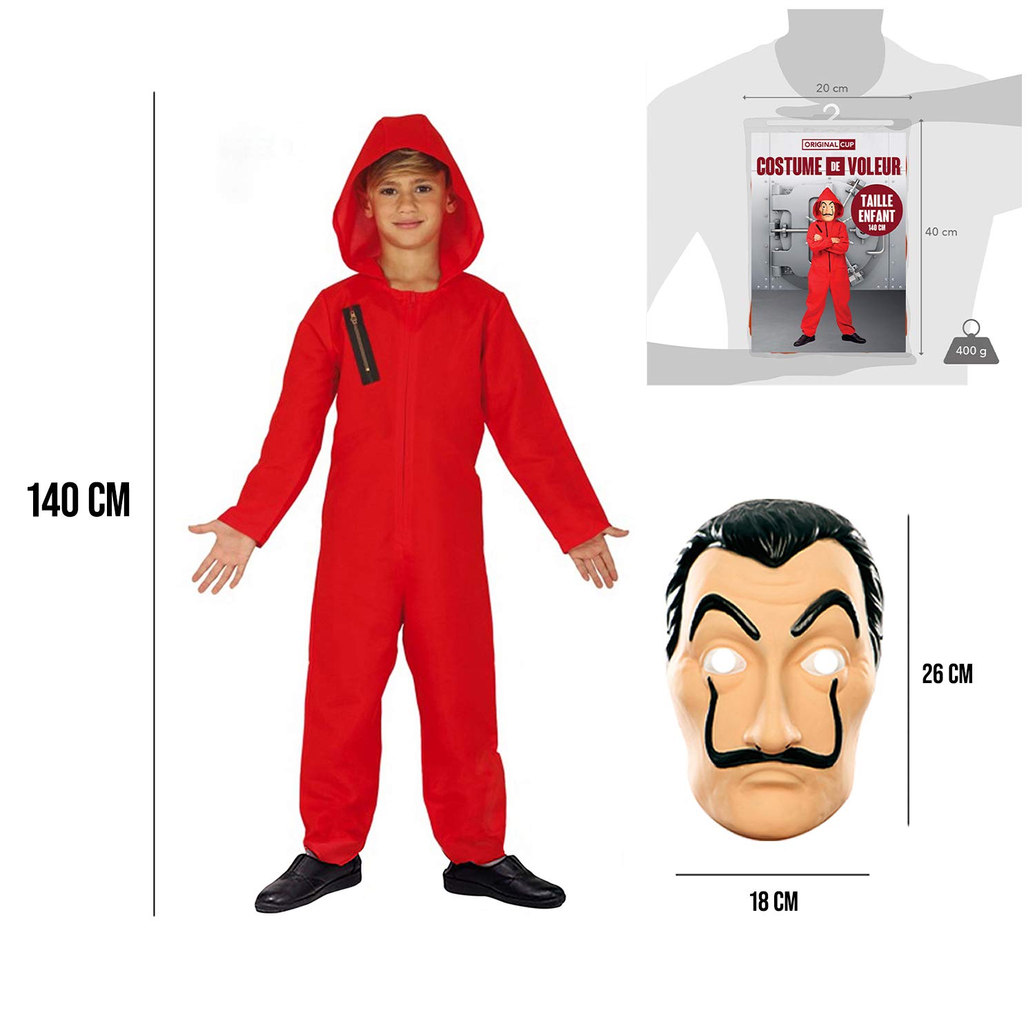 Gesamtes Kostüm Haus des Geldes | Komplettset Serie Haus des Geldes | Rote Kombi mit Kapuze Kinder (6-10 Jahre/140 cm) + Originale Dali Maske | Einbrecher | OriginalCup
