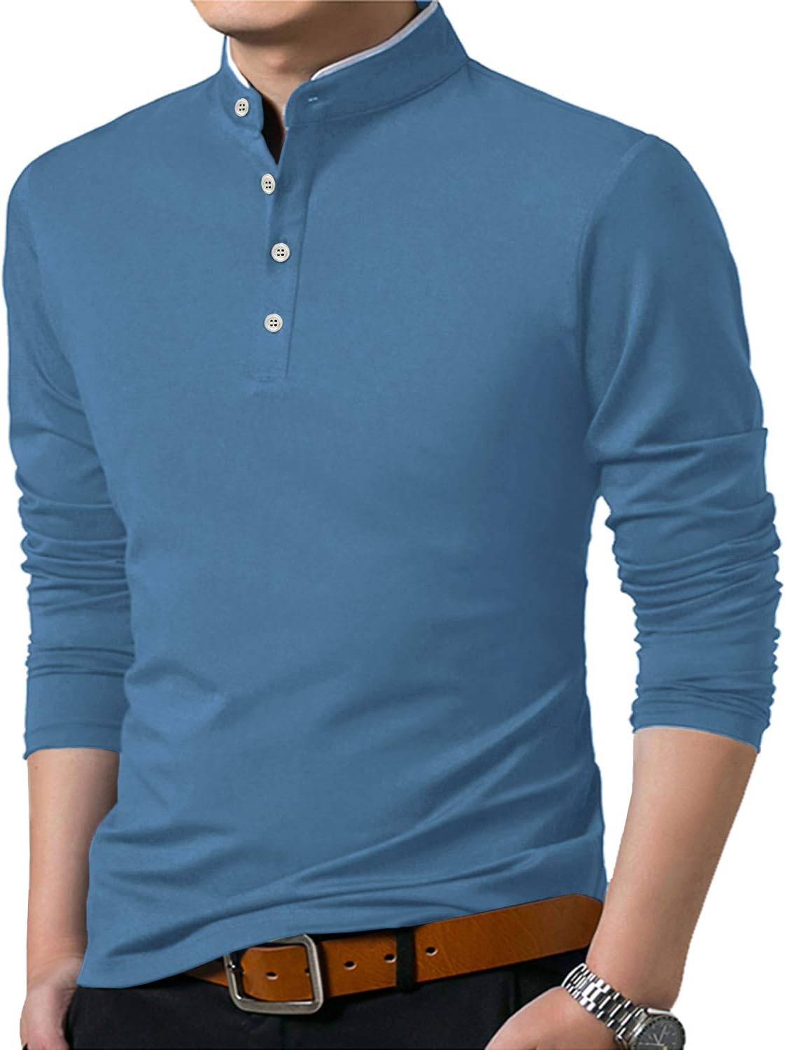YTD Mens Summer Slim Fit Pure Color Short Sleeve Polo Casual T-Shirts XX-Large 03 Long Sleeve Blue