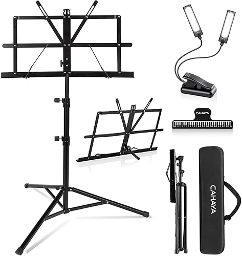 CAHAYA Soporte plegable reforzado de doble uso con soporte de luz y soporte de escritorio para libros, ligero, portátil, ajustable, con bolsa de