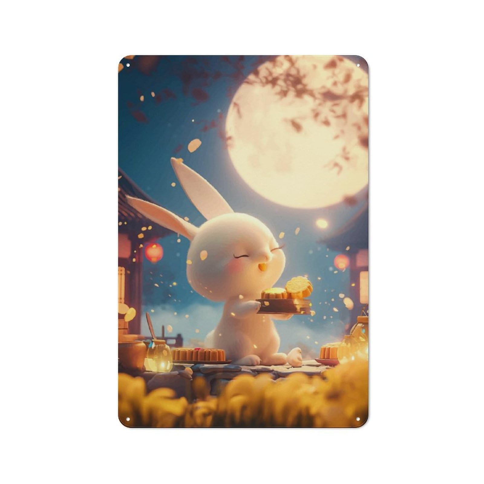 Junmoney Moon Festival Bunny Creative Metal Wall Decor 30X20cm, Metal Desk Wall Sign For Hobby Room, Office, Lounge Or Living Room