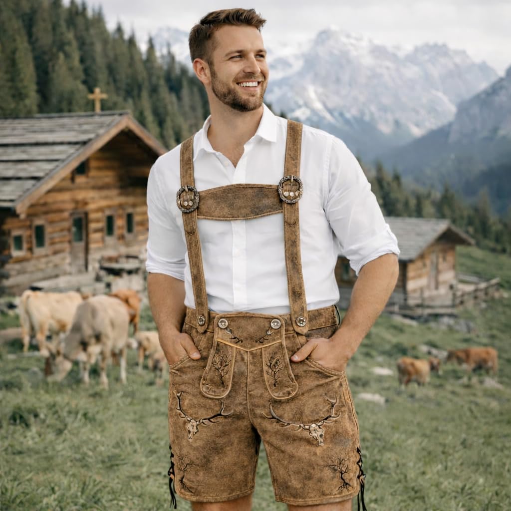 PAULGOS Herren Trachten Lederhose HK6 Antik + Träger, Echtes Leder, Gr. 44-60