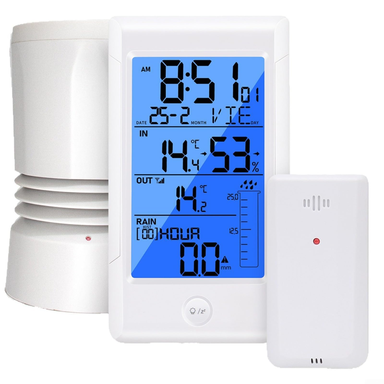 Wetterstation Funk mit Regenmesser, Innen Außen Temperatur Luftfeuchtigkeitssensor, LED-Hintergrundbeleuchtung, Kalenderwecker, Weiß