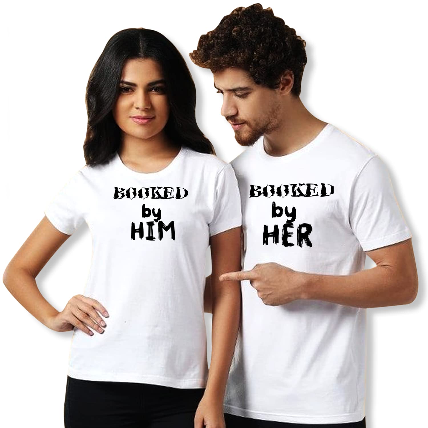 E-Shop Regular Fit T-Shirt for Men & Women/Couples, T-Shirt for Husband and Wife, Girlfriend and Boyfriend T-Shirt, Honeymoon T-Shirt, Set of 2 (E-Shop-ctshirt-011-ML_WM) White