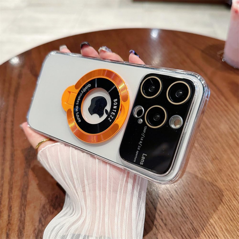 Funda con Soporte para iPhone 15 Pro MAX 14 13 12 11 Pro MAX 15 Plus Soporte Plegable Cubierta de película de Lente Dura magnética, Naranja Transparente, para iPhone 15ProMax