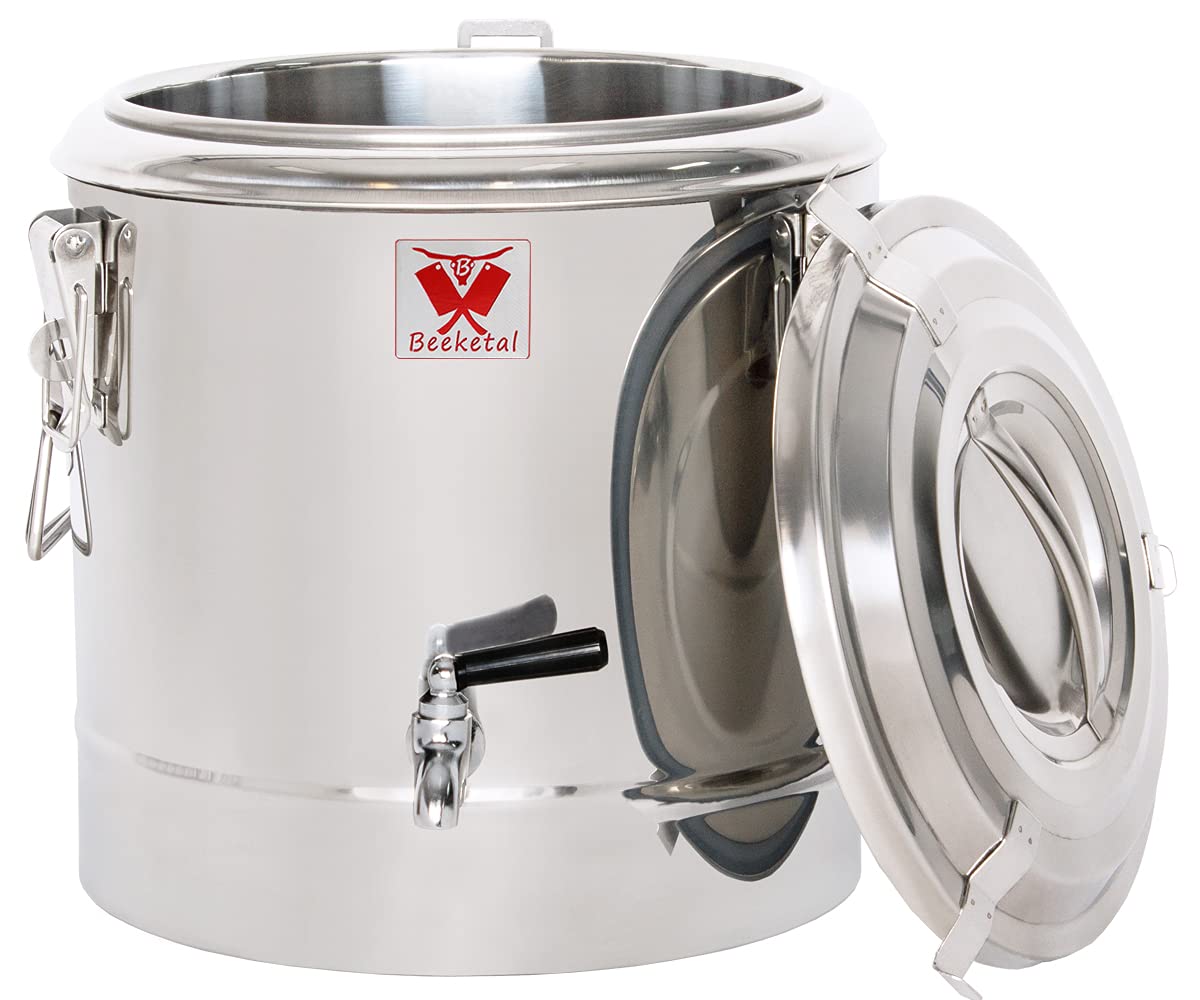 Beeketal 'BTE-12' Transport Thermobehälter 11,5 L mit Ablaufhahn, Profi Gastro Speisentransportbehälter aus Edelstahl mit seitlichen Tragegriffen, Deckel mit Gummiring und Spannverschluss