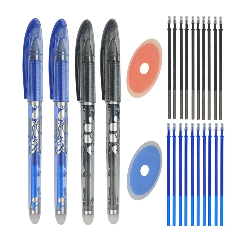 Tinta de Gel Bolígrafos Rollerball Juego Incluye 4 Bolígrafos Borrables, 20 0,5 mm Recambios de Bolígrafo y 2 Borrador para Estudiante Papelería Material de Oficina (Azul, Negro)