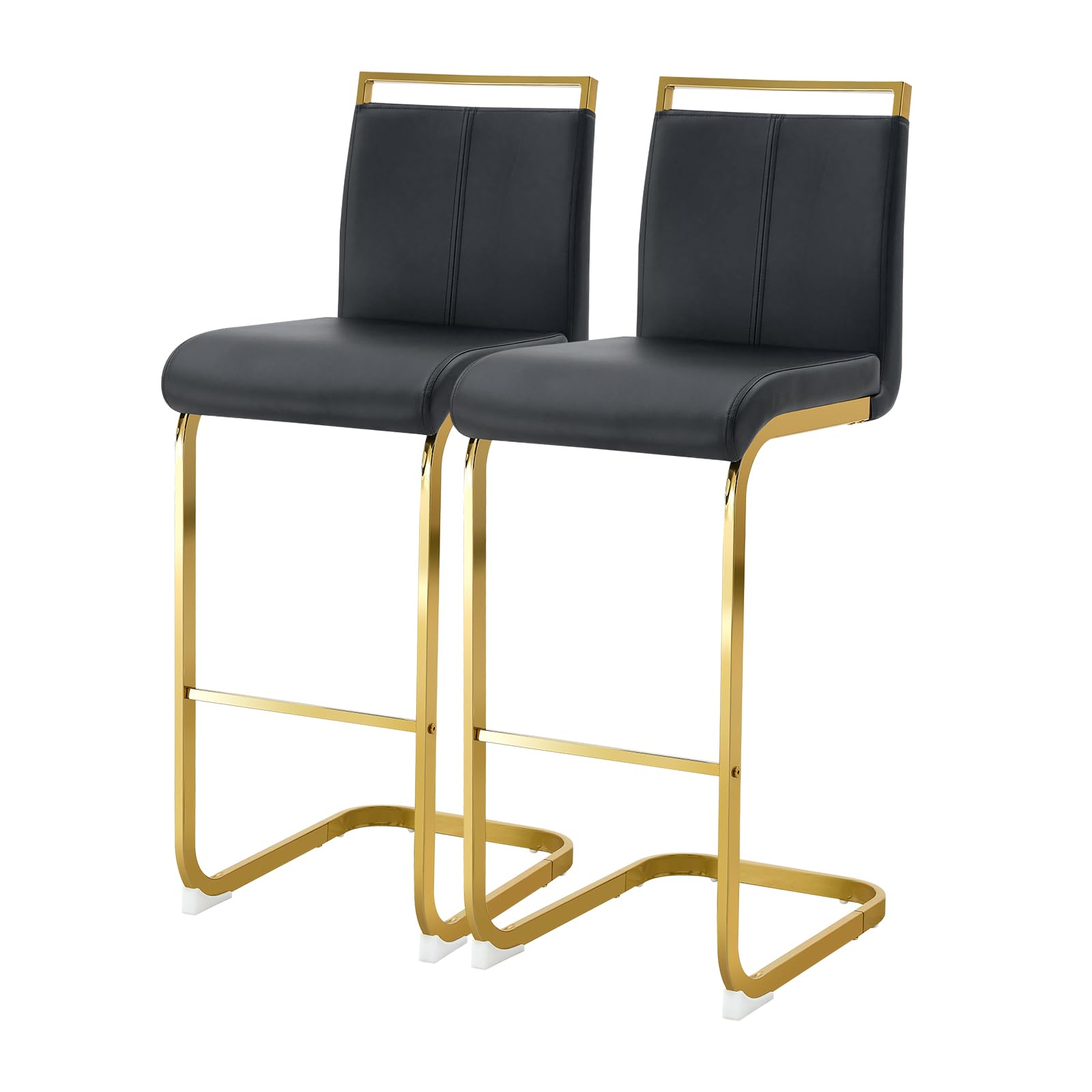 30'' Counter Height Bar Stools Set of 2, Modern Upholstered PU Leather Bar Stools with Back Chrome Plated Metal Frame, 30 inch Armless Bar Chairs for Kitchen Island (Black+Gold, Set of 2)