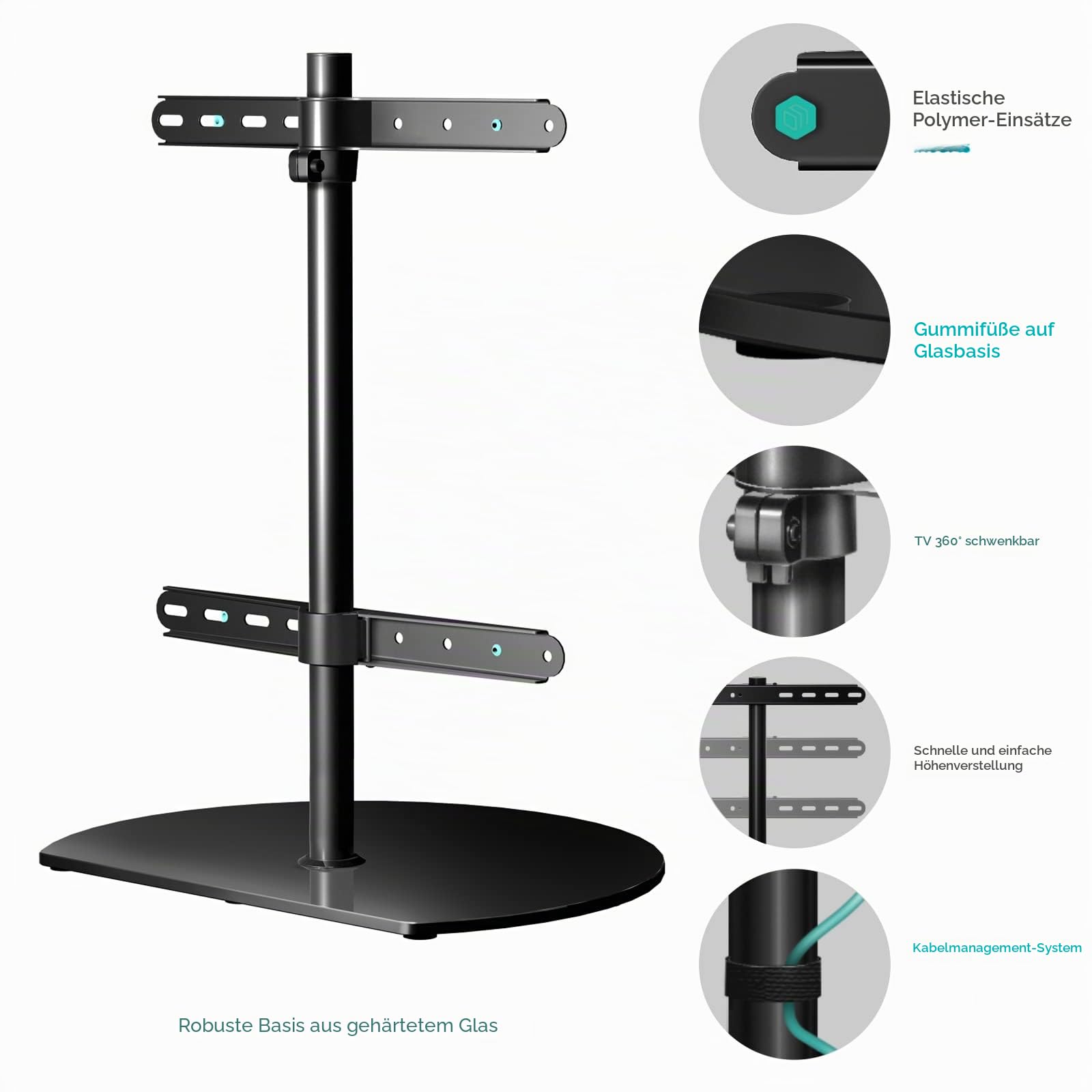 ONKRON TV Standfuss für 32-65 Zoll Fernseher bis 35 kg, TV Ständer höhenverstellbar, 360 Grad schwenkbar, max VESA 400x400, universal Standfuß Fernseher Stand aus gehärtetem Glas Schwarz PT2-B