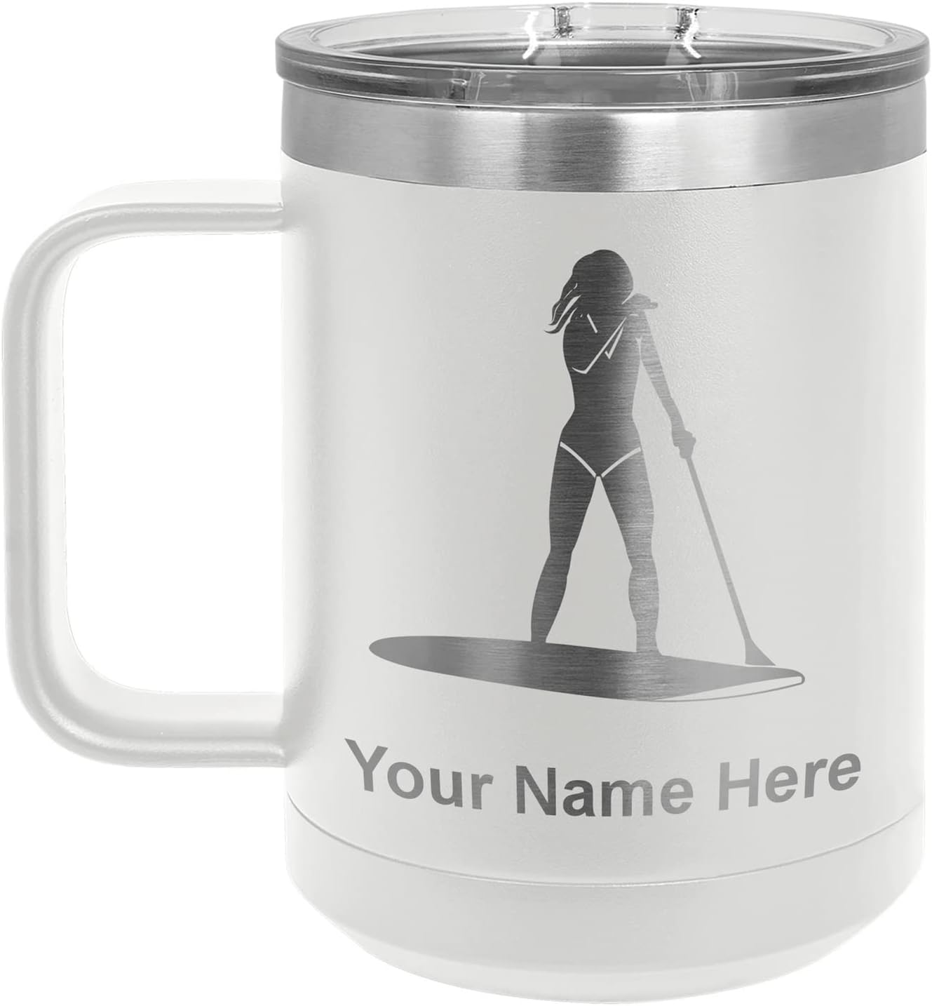 LaserGram 20oz Vacuum Insulated Travel Mug with Handle, Paddle Boarding Woman, Personalized Engraving Included (Camo Green)