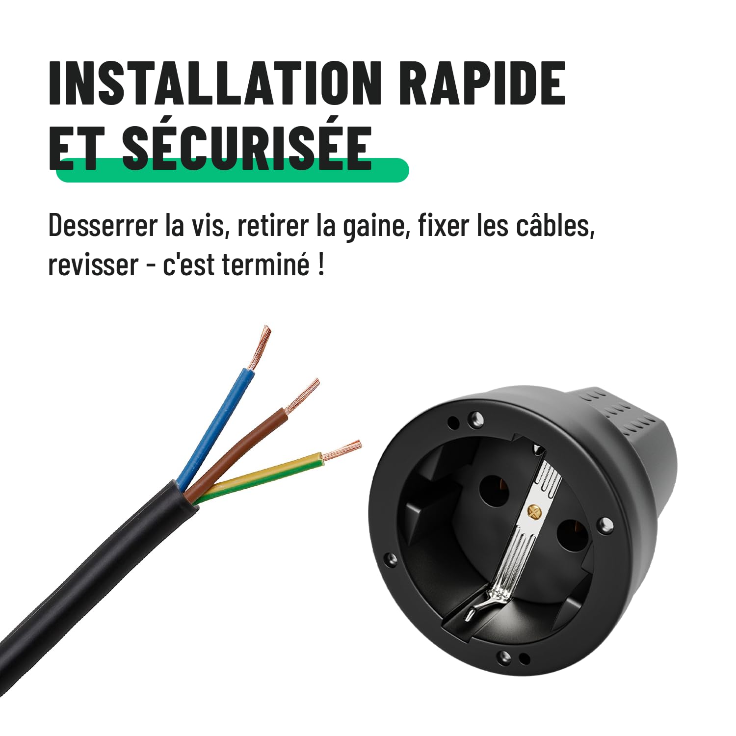 Fiche femelle en caoutchouc anti courbures 250V 16A IP20 noire