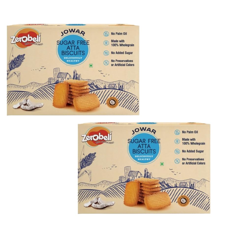 Zerobeli Sugar-Free Jowar Atta Biscuits 325 Gram Each (Pack Of 2) | Healthy High-Fiber Snack | Wholesome, Delicious, And Guilt-Free | Perfect Blend Of Nutrition And Flavor Zero Sugar, No Maida