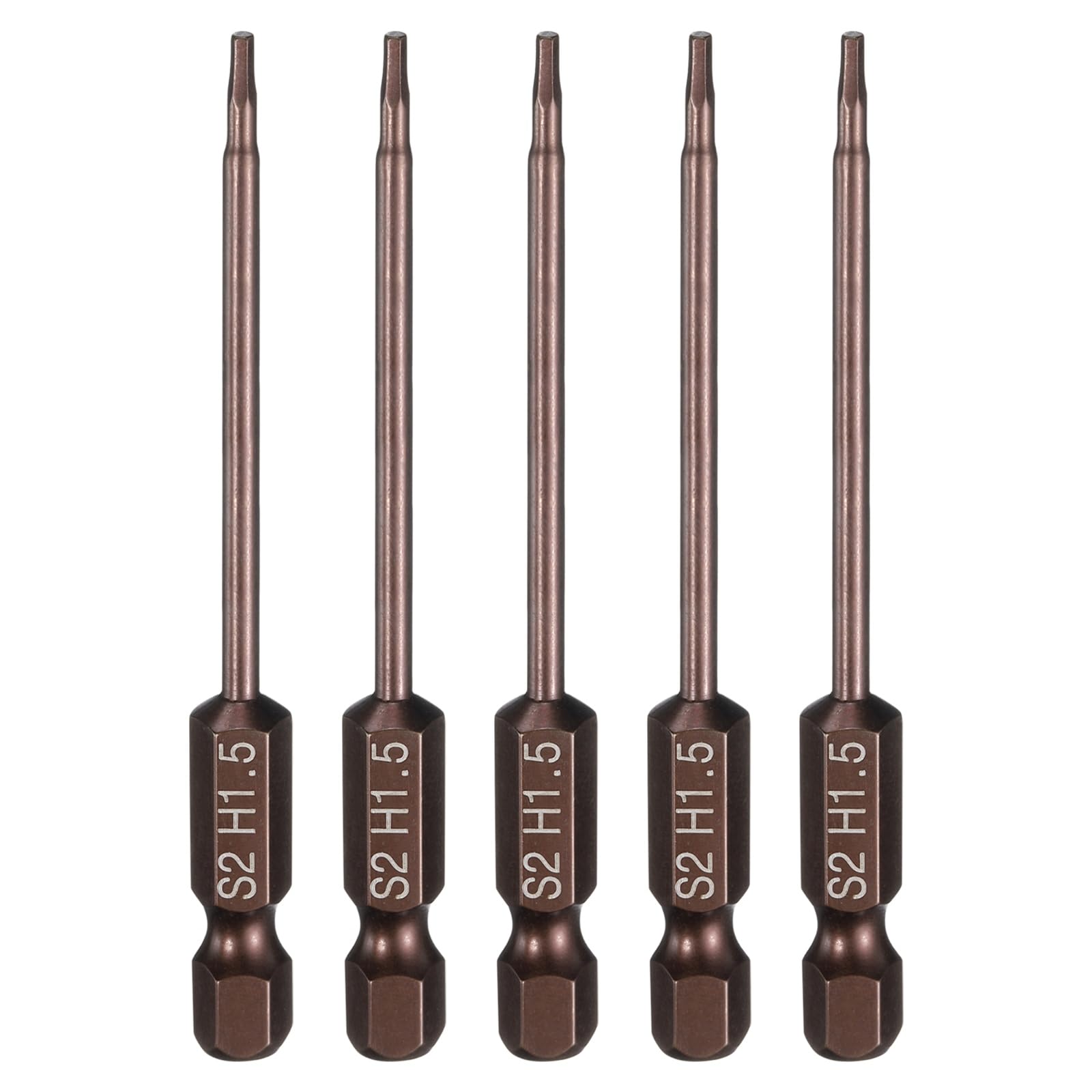 sourcing map 5pcs Flat Hex Head Drill Bit H1.5 (1.5mm) Magnetic Tip 1/4" Hex Shank 75mm (3") Long S2 Steel Metric Hexagonal Screw Driver Screwdriver Bits Wrench Socket, Copper Tone