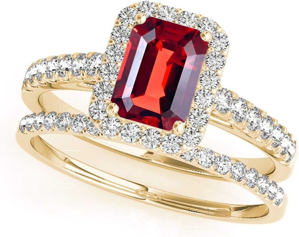 MauliJewels 0.9 Carat Diamond And Emerald Shape Garnet Bridal Set Ring 4-prong 10k Yellow Gold