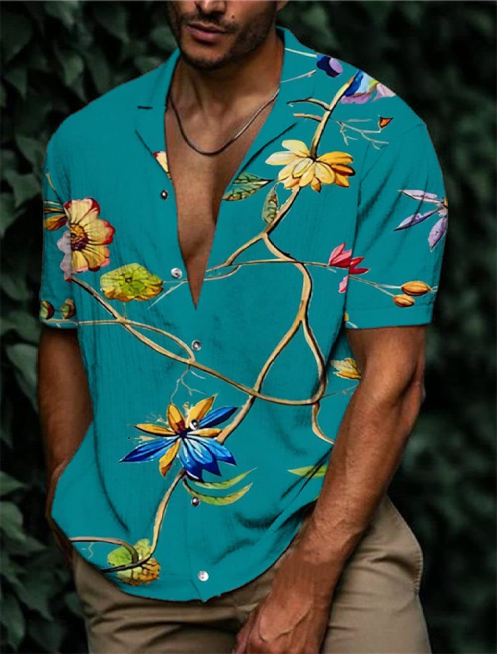 Camicia da uomo con stampa floreale a maniche corte, con bottoni, estiva, da spiaggia, vestibilità ampia, vintage, casual, hawaiana, per le vacanze, Bianco, L