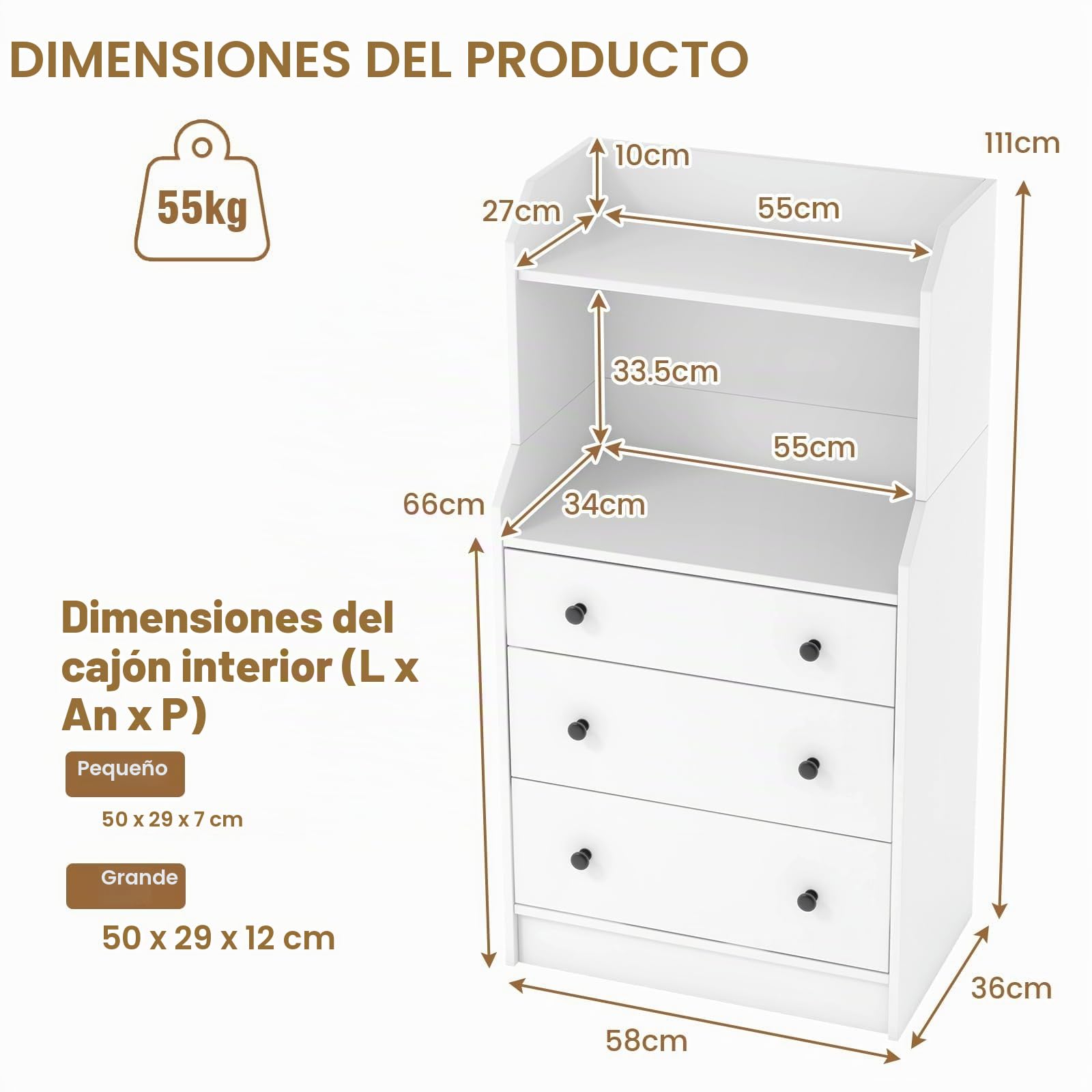 KOMFOTTEU Cómoda con 3 Cajones para Dormitorio con Dispositivo Antivuelco | Cajonera con Estantes Abiertos para Salón, Estudio, Mueble de Almacenamiento, Armario Auxiliar, 58 x 36 x 111 cm, Blanco