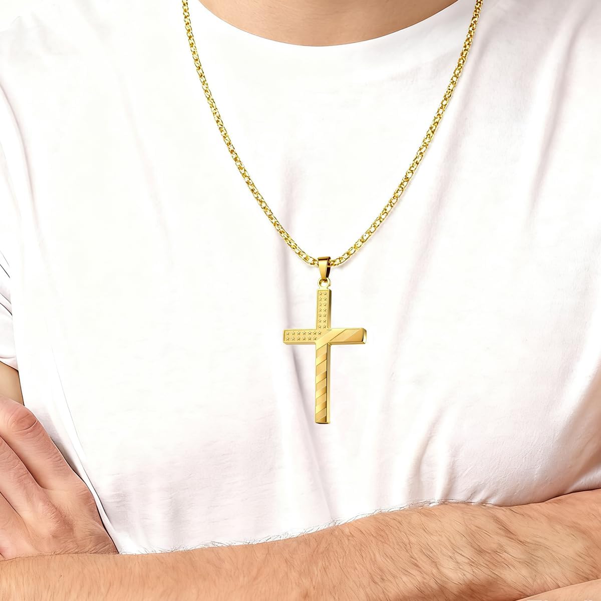 Cross Necklace for Men, Stainless Steel American Flag Pendant Necklace Silver Black Gold Red-Blue Cross Chainc20+2 Inches | Christian Stocking Stuffers Christmas Easter Jewelry Gifts - Image 2