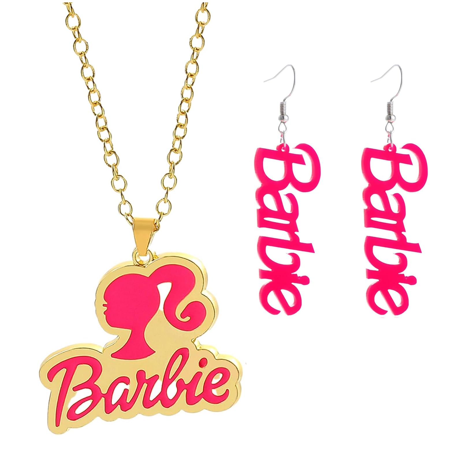 MinggoPink Ba-bie Earrings Necklace Set, Cute Ins Fashion Hot Pink Earrings Necklace Jewelry Gift Sets for Women Girls