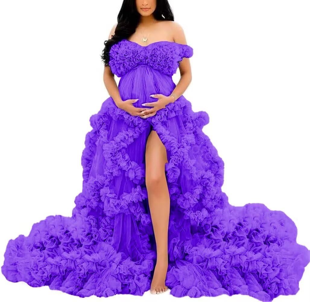 YIANN Purple Tulle Robe Maternity Dresses for Photoshoot with Train Pregnancy Dress Long Bridal Lingerie Baby Shower Robe UK14