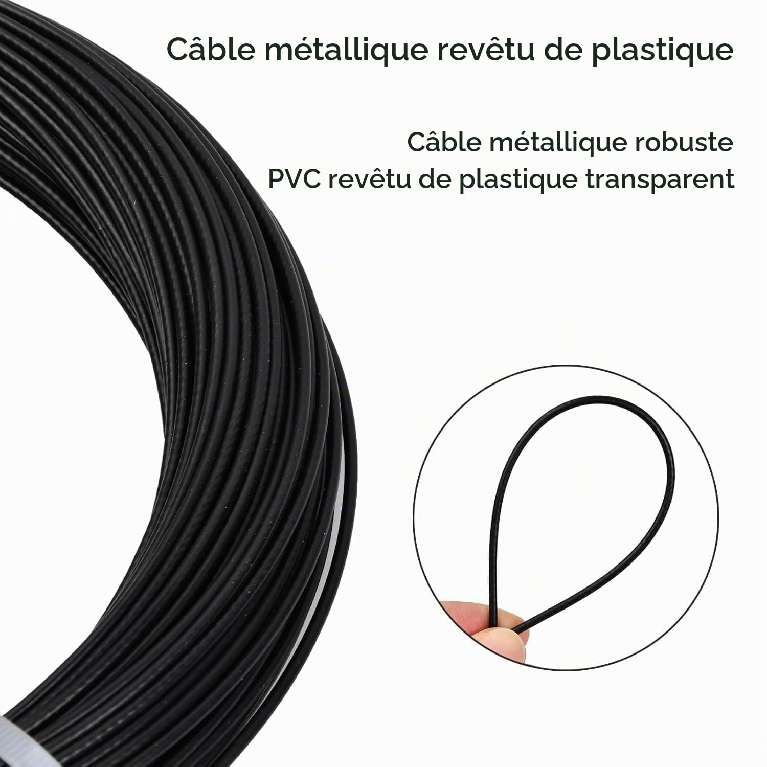 50m Câble Métallique 3mm, Câble Acier Inoxydable 7x7 PVC Enduit avec 8 Serre Câbles Acier, 20 Boucle de Sertissage en Aluminium, Fil de Suspension pour Cadre Rideaux Jardin Extérieur (Noir-3mm)