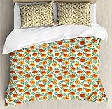 Ambesonne Floral Duvet Cover Sets, Orange Tagetes Marigold Flowers Pattern with Leaves Nature Composition, Bedding Set with 2 Duvet Covers & 4 Pillowcases, 2 Pack Queen Size, Vermillion and Green