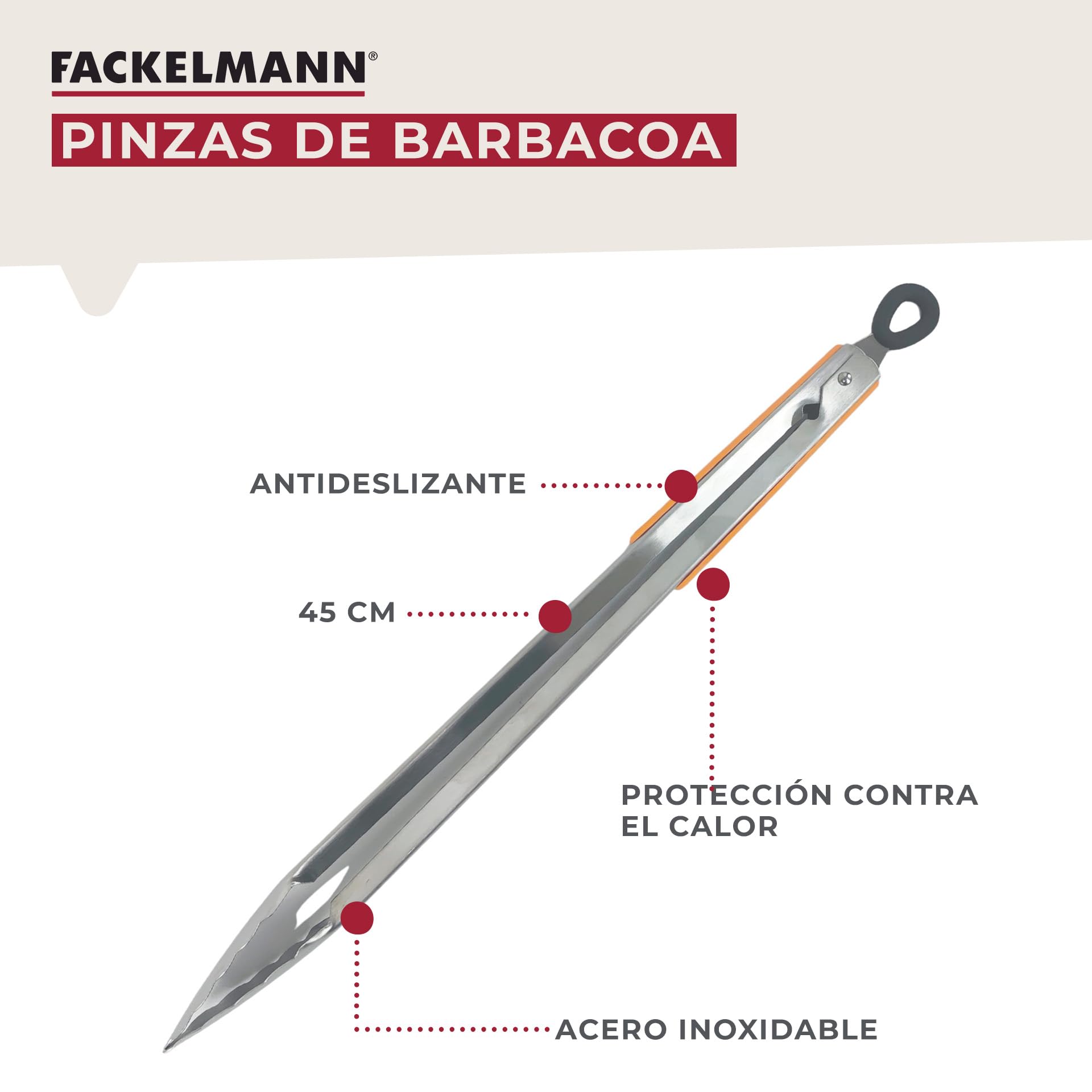 Fackelmann BBQ Pinzas de Acero Inoxidable para Parrilla, Mango PP y TPR Antideslizante, 45 cm, 1 ud — view 2
