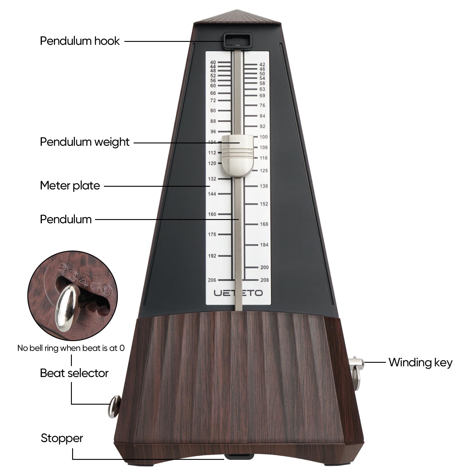 Ueteto Metrónomo para piano, guitarra, batería, práctica de violín, metrónomo mecánico con sonido fuerte para músicos principiantes, intermedios y avanzados (grano de madera)