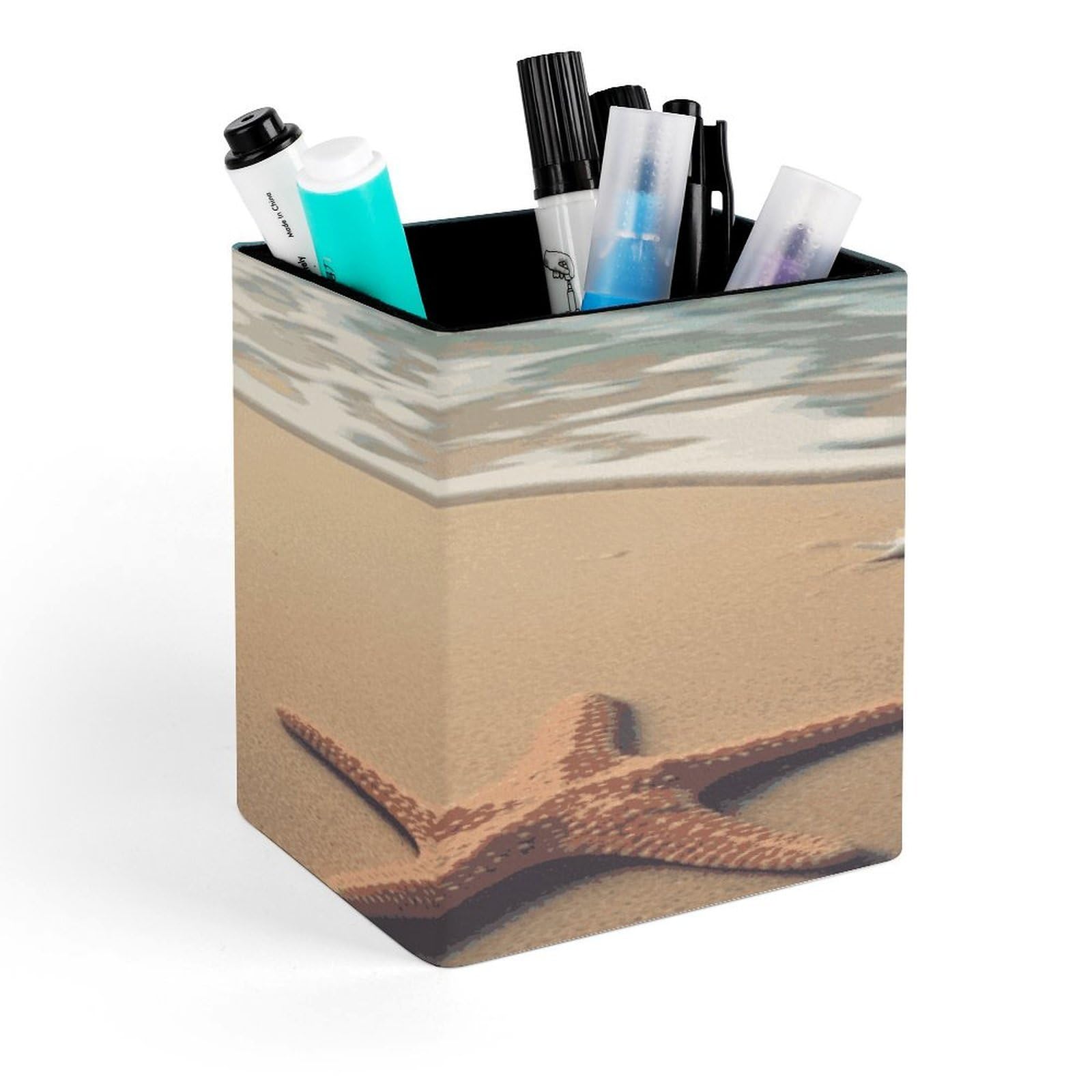 LZQPOEAS 3D Beautiful Starfish on Beach Sand Square Pen Pencil Holder PU Leather Pencil Cup Desktop Stationery Organizer Office Accessories Container