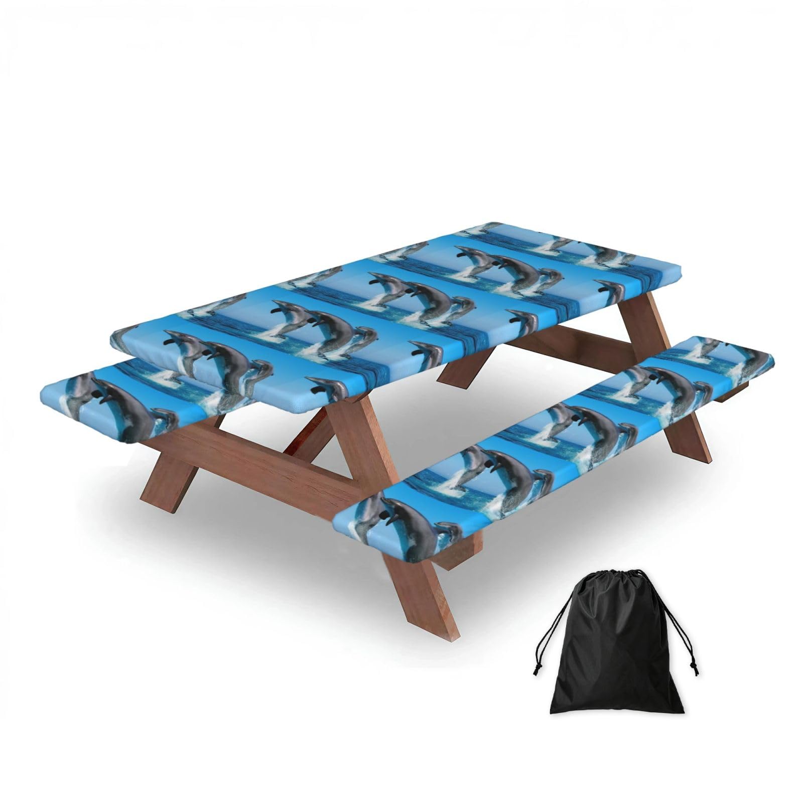 Dopklna As Picture Dolphins Jumping Winter, Picnic Table Cover With Bench Covers -Waterproof Elastic Fitted Tablecloth For Garden Camping Patio 76X152cm