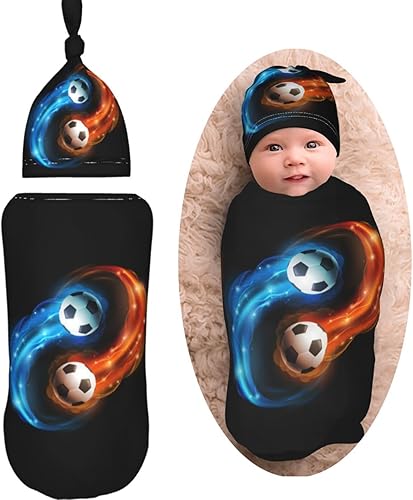 Manta para envolver con pelota de fútbol para recién nacido, con juego de gorro, saco de dormir suave para bebé, elástico y ajustable, mantas de