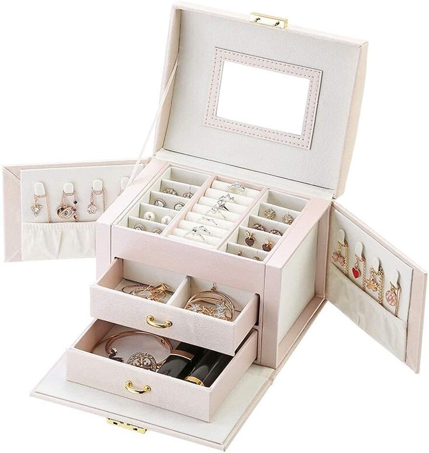 Jewelry Box Jewelry Box Earrings Earrings Storage Box Storage Finishing Box Desktop Large-Capacity Jewelry Storage Box Female jewlwey Organizer Container (Color : Nude Pink) image 3