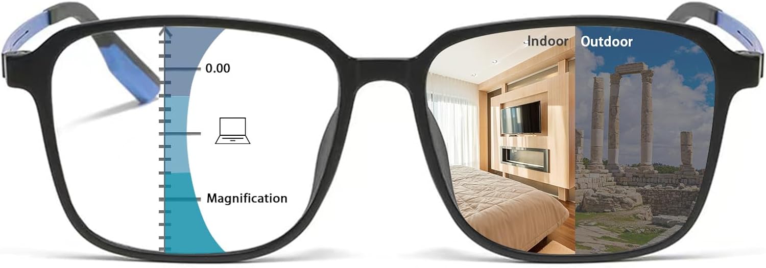 K.LAVER Progressive Reading Glasses Men Progressive Photochromic Multifocus Reading Glasses Blue Light Glasses Transition