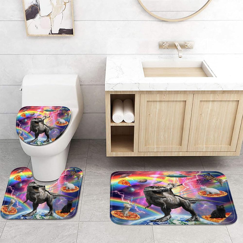 Funny Cat Bath Rugs, Kids Cool Cat Riding Cute Dinosaur on Outer Space Universe Fantasy Galaxy Hilarious Bathroom Accessories Sets Non-Slip Mats, Bath Curtains Bath Mats Toilet Lid Seat Cover