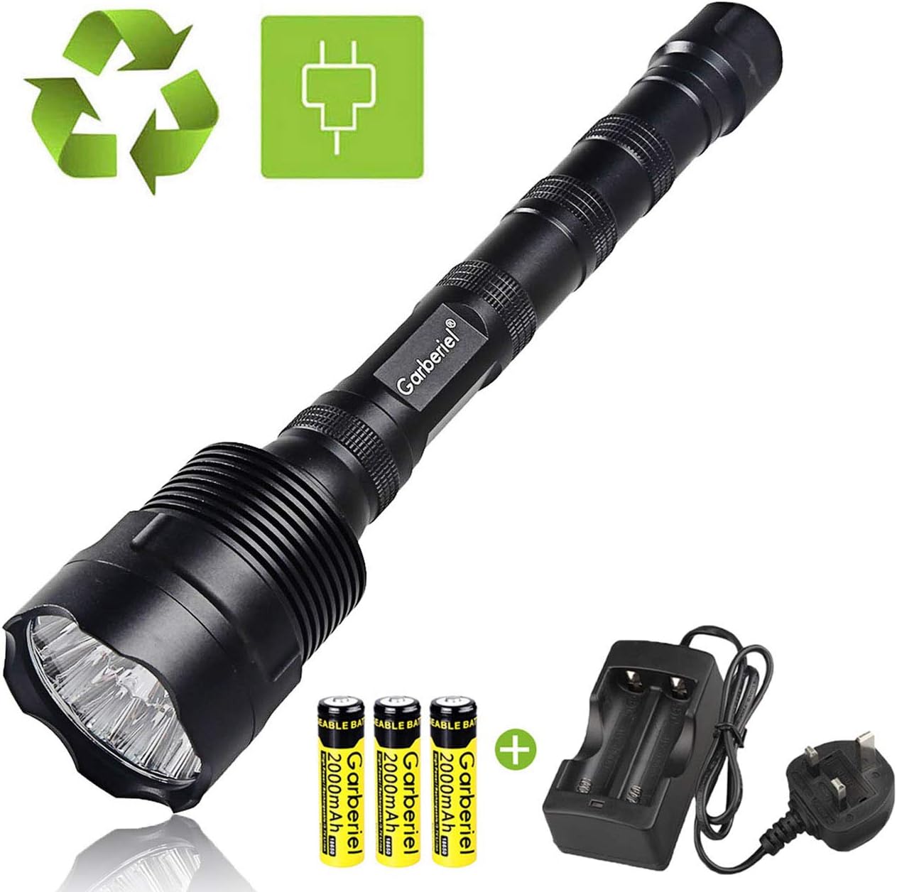 LED Torch, Super Bright Powerful 14xT6 Bulbs Flashlight Waterproof 5 Modes Tactical Torch Handheld Searchlight + 18650 Rechargeable Batteries + Charger for Hiking Hunting Camping Outdoor Sport