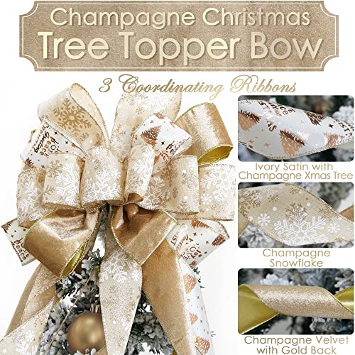 MEEDEE Champagner Weihnachtsbaumspitze Champagner Glitzer Weihnachtsschleifen 30,5 cm breit Samt Weihnachtsschleifen Gold… – Ansicht 2