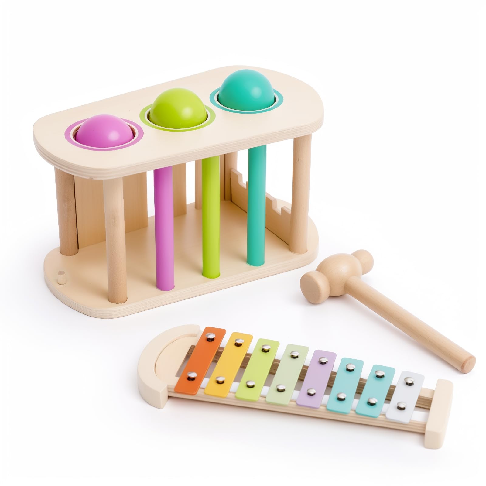WOODEN TEETHER 2-in-1 Wooden Pounding Toy with Slide Out Xylophone, Montessori Toys for 1 2 3 Year Old Boy Girls - Montessori Musical Learning Toy Fine Motor Skills Toys
