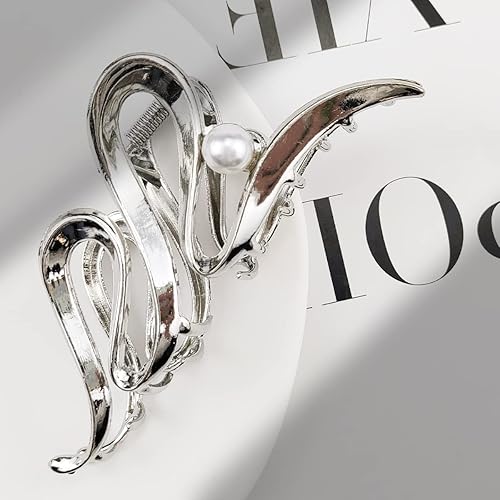 Miniatura 3 de Pinzas de metal para el cabello con garra de serpentina, pasadores antideslizantes con perlas para cabello grueso, accesorios plateados para el